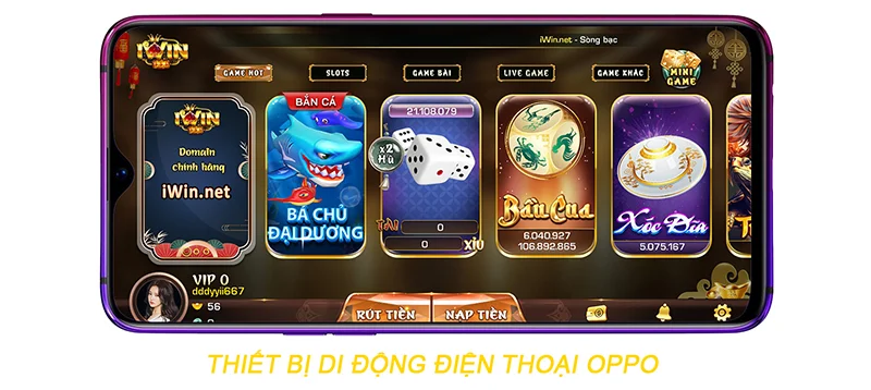 App iWin Club chạy trên điện thoại oppo